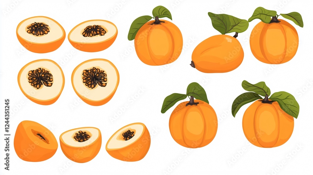 Exotic Tropical Persimmons: Whole and Halved Fruit for Culinary and Decorative Purposes Exotic Tropical Persimmons: Whole and Halved Fruit for Culinary and Decorative Purposes