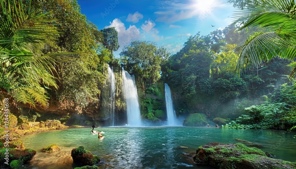 Fototapeta premium Vibrant Tropical Paradise Stunning Waterfall Amidst Lush Greenery and Buzzing Wildlife under a Bright Blue Sky at a Tropical Retreat