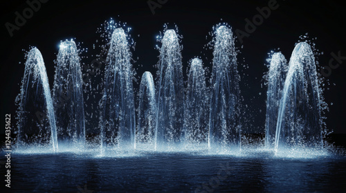 Realistic waterfall cascades, water fall streams vector set. Pure liquid squirts with fog. River, fountain elements for natural design or landscaping. 3d falling waterfall, isolated streaming jets