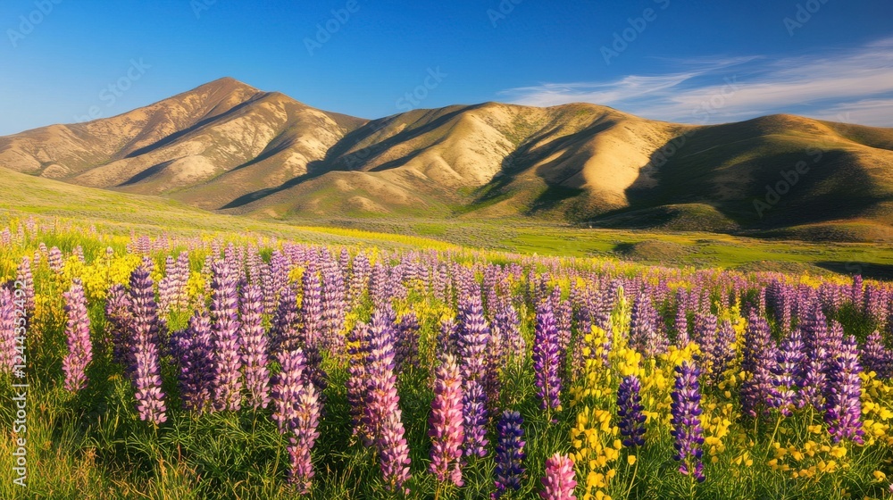 Fototapeta premium A Stunning Display of Springtime Lupines in a Mountain Meadow. A Breathtaking View of Wildflowers and Rolling Hills, Perfect for Nature Lovers.