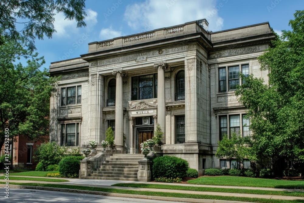 Fototapeta premium Grand stone mansion on a tree-lined street.