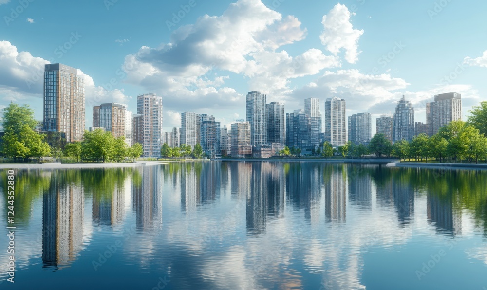 Modern skyline with glowing skyscrapers mirrored on a calm river, symbolizing urban elegance. Modern skyline with glowing skyscrapers mirrored on a calm river, symbolizing urban elegance.