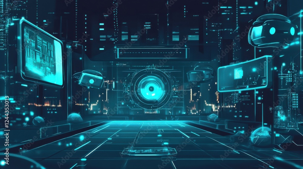 The concept of Virtual Reality Live Streaming in neon cyan and black colors The concept of Virtual Reality Live Streaming in neon cyan and black colors