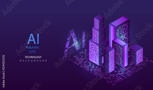 Smart city isometric technology background. Future ai urban neon light buildings vector. Digital futuristic intelligence high tech city design banner.