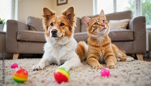 Pet dog and cat playing with colorful balls in a cozy living room