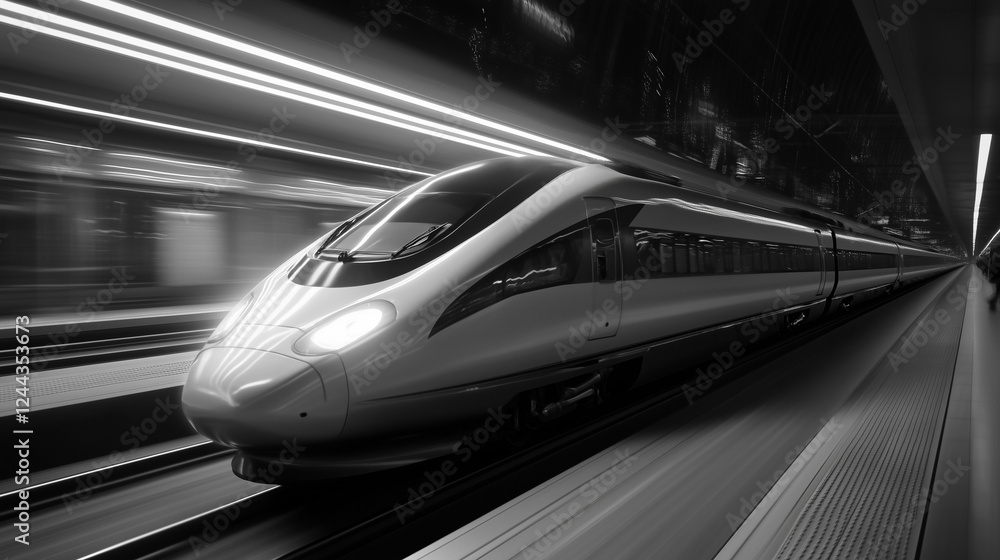 Fototapeta premium High-Speed Train Racing Along Tracks with Dynamic Motion and Futuristic Design in Urban Landscape