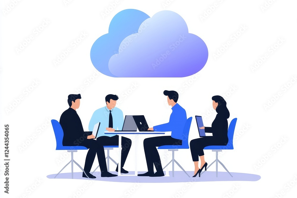 Fototapeta premium Team Collaboration Cloud Computing - Four colleagues collaborate on laptops around a table, symbolized by a cloud above representing cloud computing.