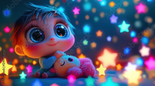 Adorable Baby with Big Eyes, Surrounded by Sparkling Stars, Holding a Plush Toy