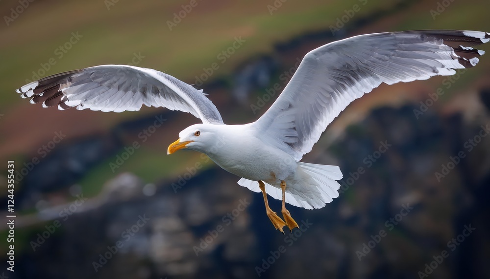 Majestic White Herring Gull Soaring against a Dramatic Cornish Coastline Backdrop at Sunset, Offering an Exquisite Sense of Wildlife and Serenity amidst the UKs Picturesque Cornwall. Majestic White Herring Gull Soaring against a Dramatic Cornish Coastline Backdrop at Sunset, Offering an Exquisite Sense of Wildlife and Serenity amidst the UKs Picturesque Cornwall.