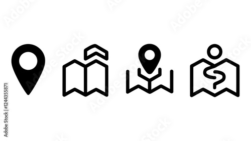 Location and Navigation Icons Set - Map Marker, GPS Pin, Direction, Travel Route, Wayfinding, Destination, Pathfinding Vector