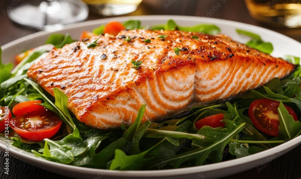Pristine pan-seared salmon on a bed of greens served in a stylish restaurant with wine glasses Pristine pan-seared salmon on a bed of greens served in a stylish restaurant with wine glasses