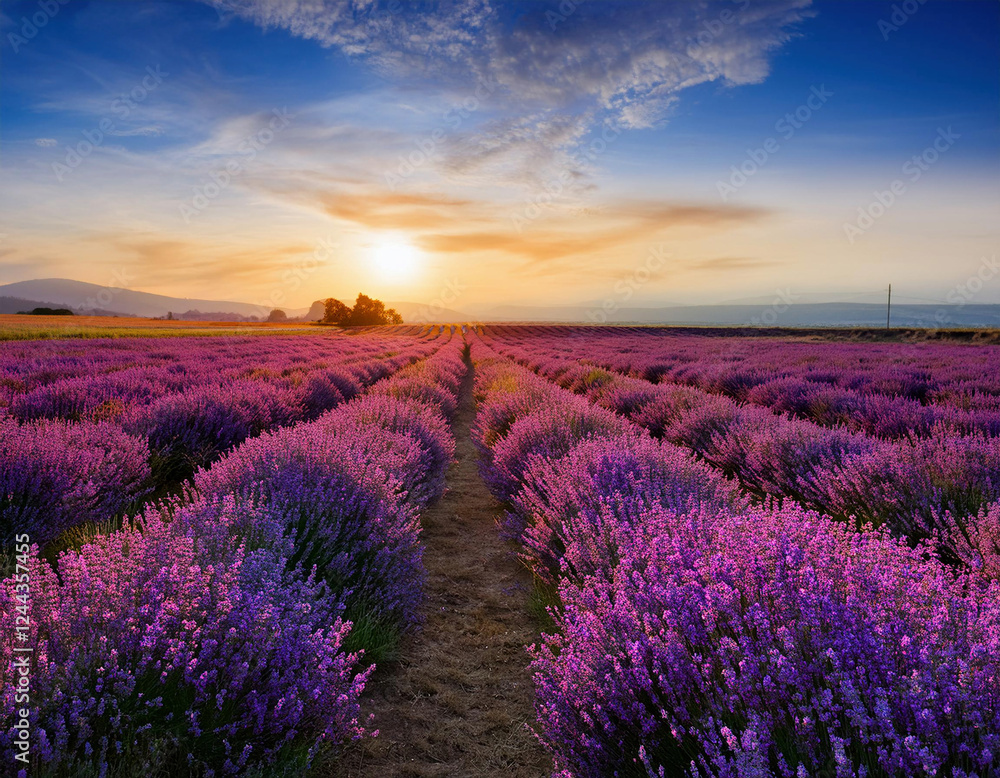 Fototapeta premium A vibrant lavender field stretches across the landscape under a sunset sky with wispy clouds in Provence, France. 