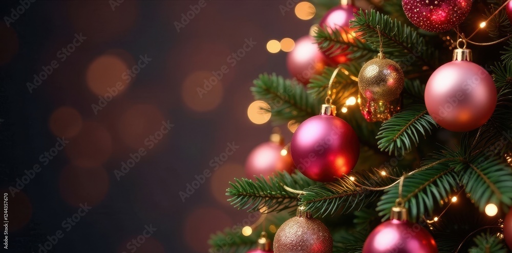 Pink & gold ornaments, shimmering lights adorn a glamorous Christmas tree , glitter, pink ornaments Pink & gold ornaments, shimmering lights adorn a glamorous Christmas tree , glitter, pink ornaments