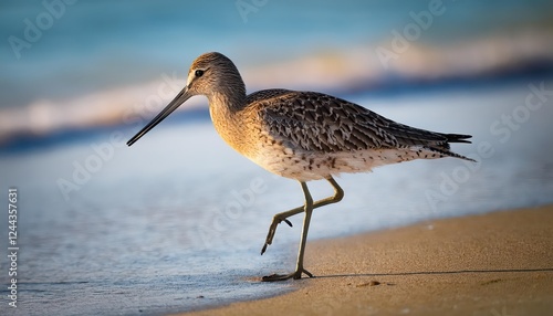 Striking Willet Bird Perched on Pristine Beach Shoreline, Framed by the Golden Hues of Sunset and Crisp Ocean Waves, Capturing a Moment of Tranquility and Wild Beauty. photo