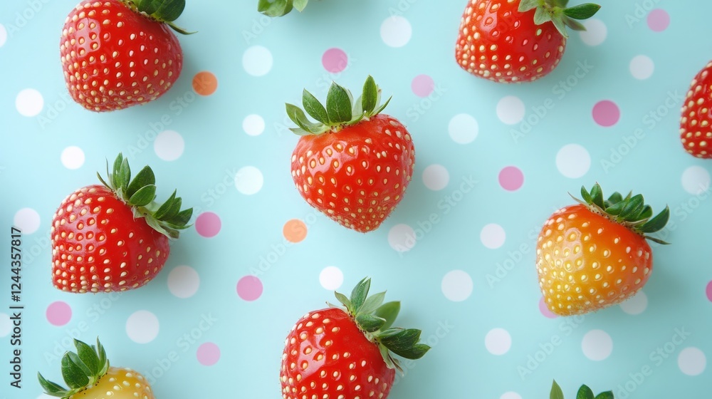 Seamless strawberry face patterns with pastel print on polka dot backgrounds Seamless strawberry face patterns with pastel print on polka dot backgrounds