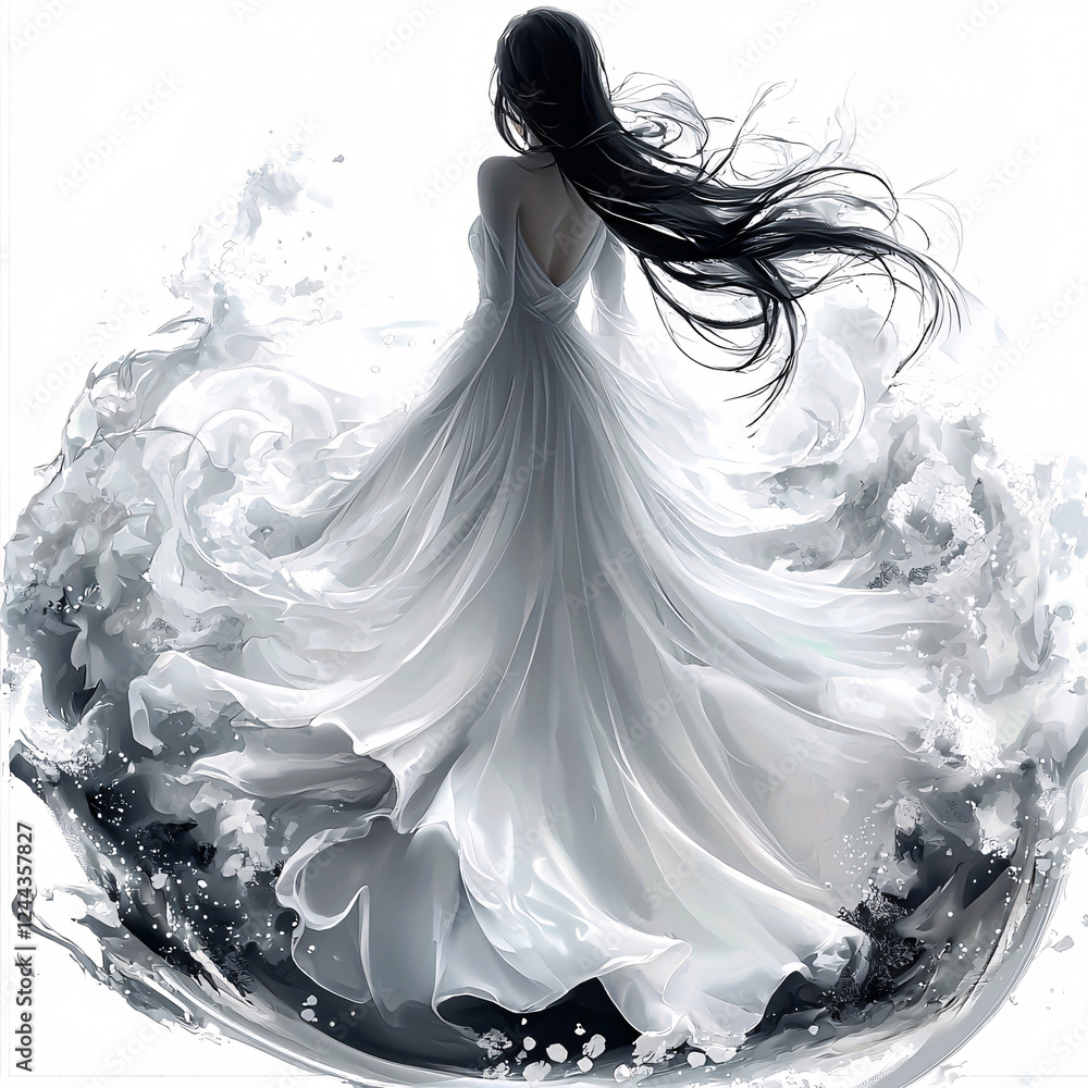 Fototapeta premium Elegant woman with flowing black hair and a white dress emerging from swirling water, back view.