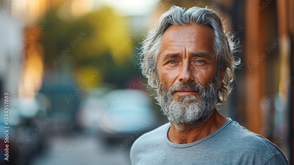 Close up photography of a smiling senior man with gray hair and beard wearing a gray slim fit t-shirt and jogging through the city early in the morning. Blurred cars and buildings in the background. Close up photography of a smiling senior man with gray hair and beard wearing a gray slim fit t-shirt and jogging through the city early in the morning. Blurred cars and buildings in the background.