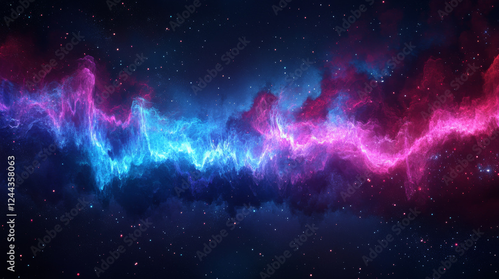 Obraz premium This image showcases a vivid and dynamic depiction of a sound wave, rendered in striking shades of blue, purple, and pink against a sleek, dark backdrop