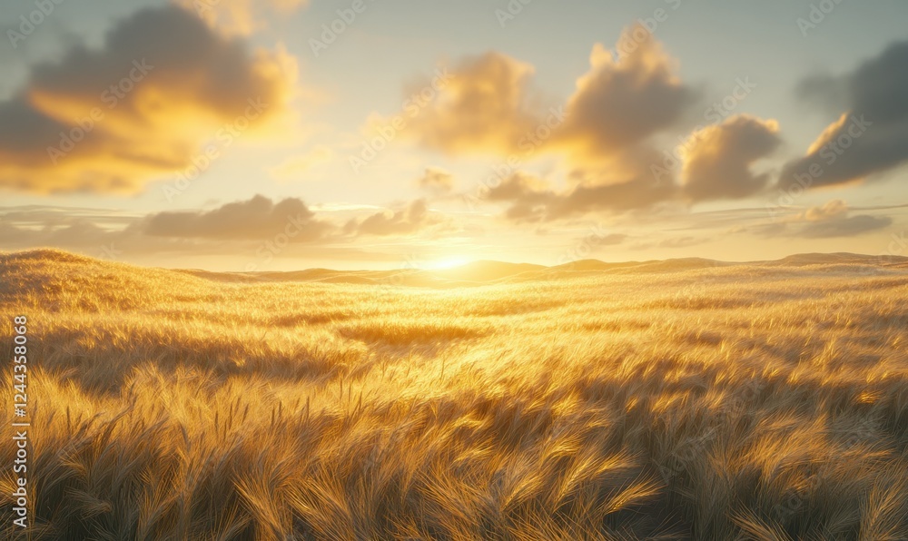 Obraz premium Radiant golden wheat field glowing under the soft light of a setting sun, embodying growth, abundance, and rural serenity.