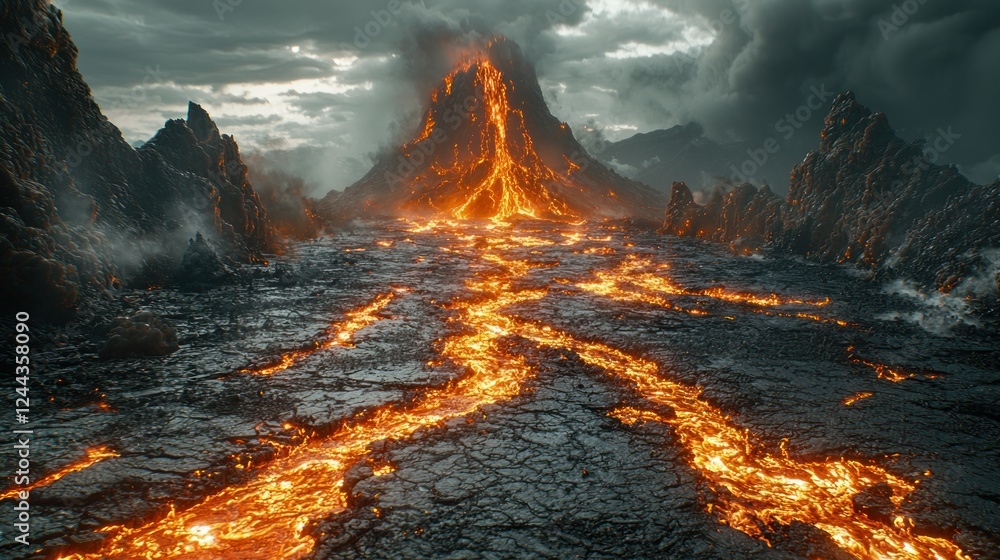 Naklejka premium Volcanic Eruption Lava Flow Mountain Landscape