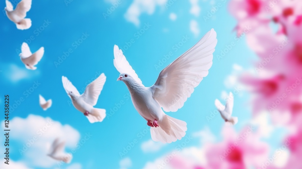 Fototapeta premium White Doves in Flight - Several white doves soar through a vibrant blue sky, surrounded by blossoming pink flowers. A symbol of peace and serenity.