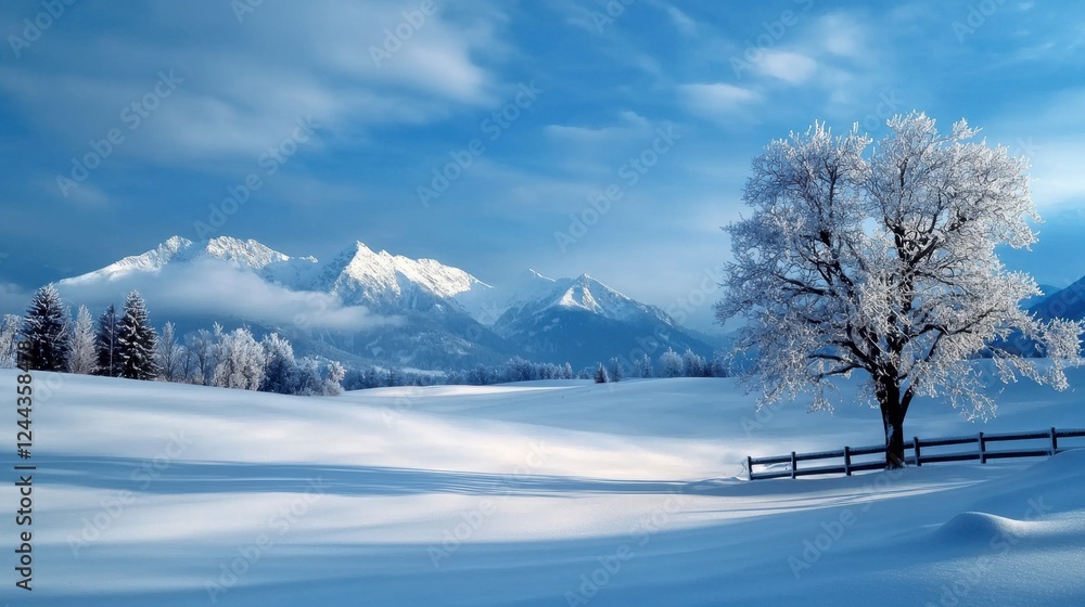 A tranquil winter scene reveals a solitary tree adorned with frost, set against majestic mountains. Snow blankets the ground, creating a serene atmosphere under a clear sky A tranquil winter scene reveals a solitary tree adorned with frost, set against majestic mountains. Snow blankets the ground, creating a serene atmosphere under a clear sky