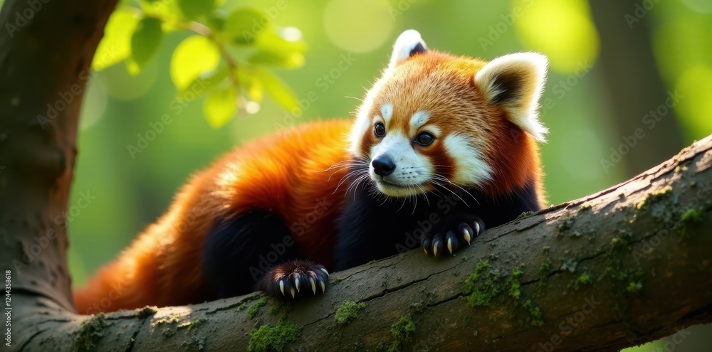 Red panda basking in sunlight, treetop habitat, wildlife, peaceful Red panda basking in sunlight, treetop habitat, wildlife, peaceful