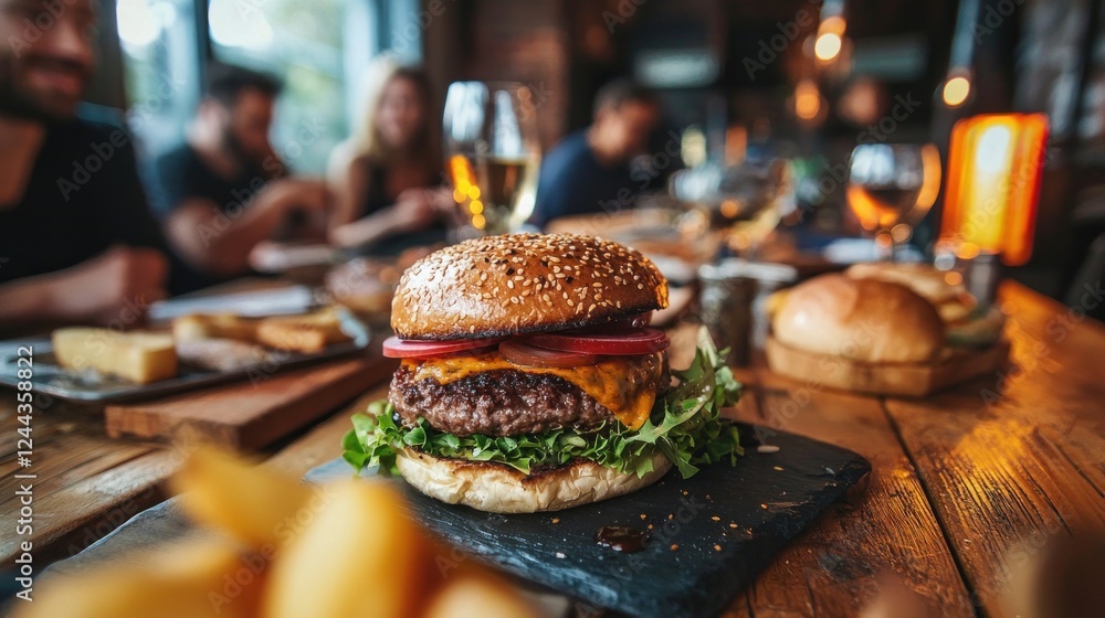 Fototapeta premium Juicy Gourmet Burger at a Rustic Restaurant