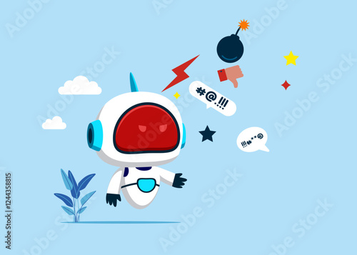 Furious robot shouting complaint on everything. Complain on everything, blame, furious anger cyborg. Flat vector illustration