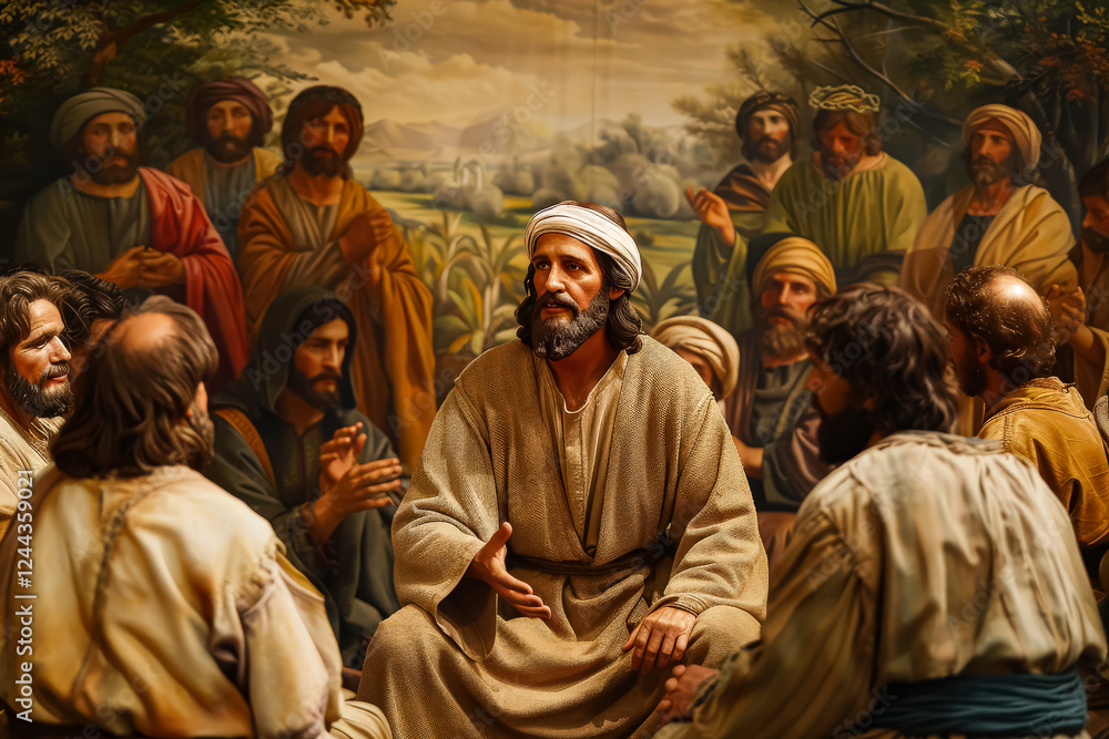 Fototapeta premium Man in a white robe is talking to a group of people. The man is wearing a white hat and is surrounded by other people. The scene appears to be a religious gathering or a meeting