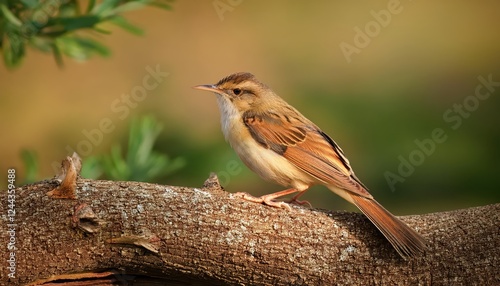 Striking Portrait of a Zitting Cisticola Perched on a Textured Tree Bark at Sunset, Set against an AfroTropical Backdrop with Warm Earthy Tones photo