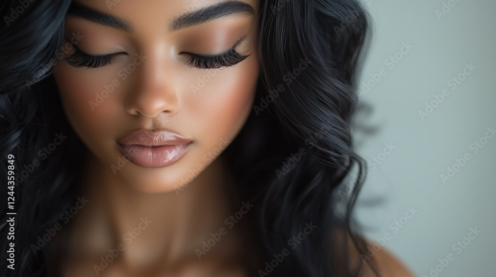 Fototapeta premium Woman with long wavy jet black hair, closed eyes, full mink lashes, and glam makeup