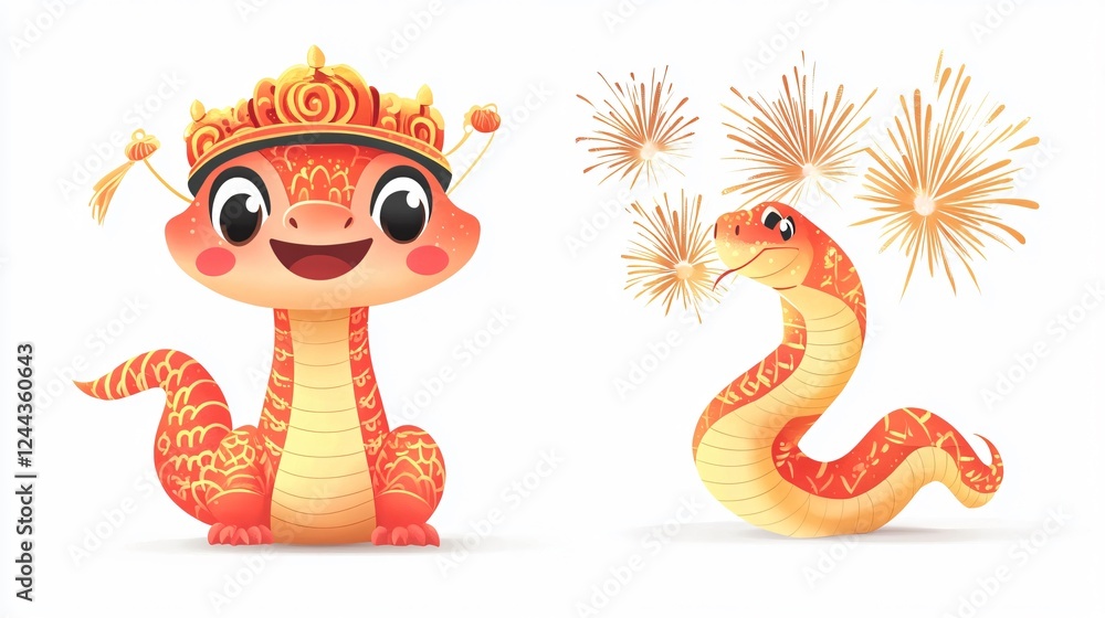 Obraz premium Adorable and Joyful Snake with Ornate Asian Hat for Illustrator, Designer, and Creative Visual Content