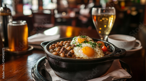 Irish cuisine with fried eggs and sausages, baked beans and tomatoes, meat and root vegetables stew, mashed potato topped with boiled pigs feet and cup of coffee with raisin bread barmbrack photo