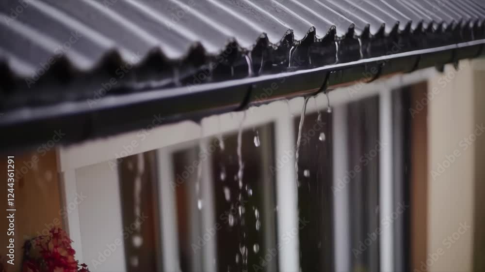 Rainwater pouring from roof gutter during a downpour Rainwater pouring from roof gutter during a downpour