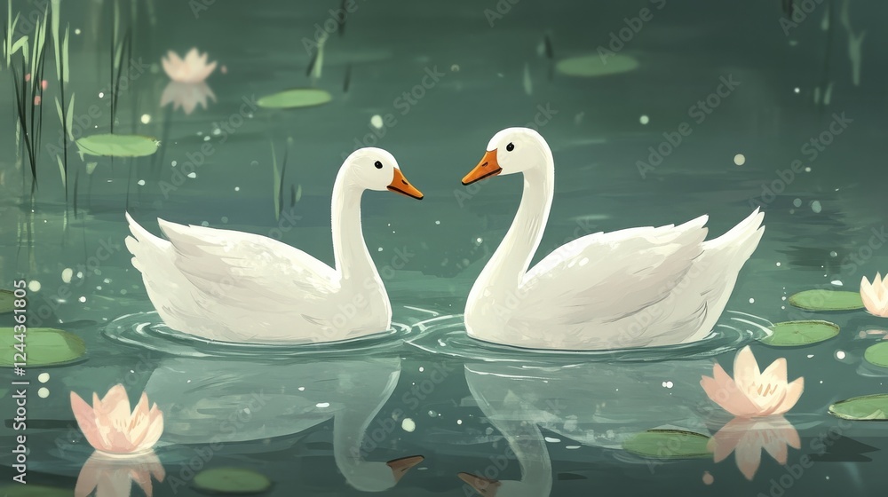 Obraz premium Two white geese floating gracefully on a pond.