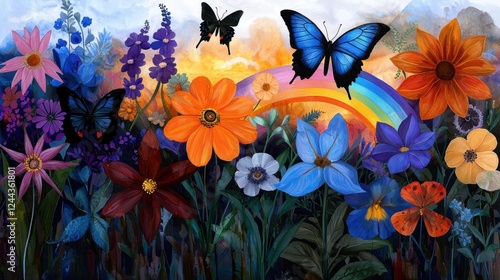 A vibrant garden filled with a variety of flowers in multiple colors, showcasing butterflies fluttering around. A rainbow arcs over the scene as the sun sets, creating a picturesque moment