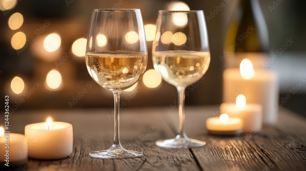Two wine glasses on a wooden table surrounded by glowing candles. Two wine glasses on a wooden table surrounded by glowing candles.