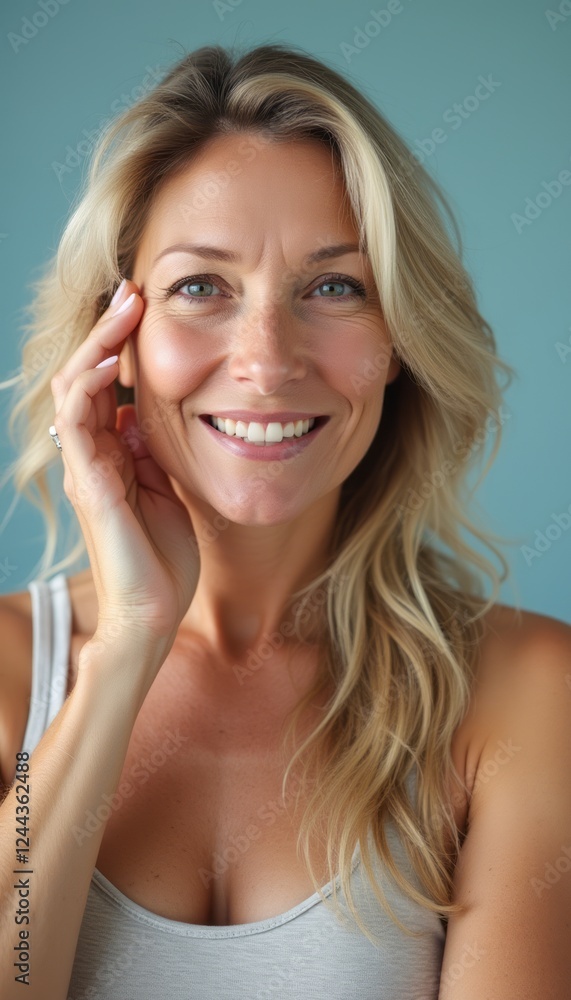 A beautiful woman with long, flowing blonde hair and a bright smile gently touches her cheek, radiating warmth and positivity. Her sparkling blue eyes and natural beauty create an inviting atmosphere A beautiful woman with long, flowing blonde hair and a bright smile gently touches her cheek, radiating warmth and positivity. Her sparkling blue eyes and natural beauty create an inviting atmosphere