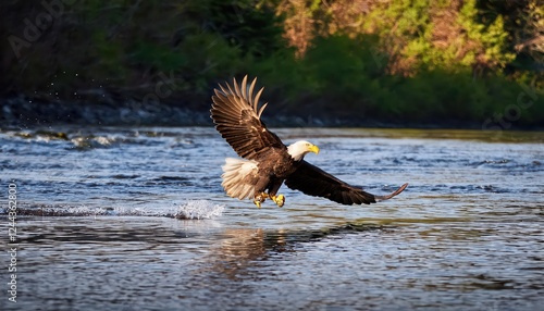 Majestic Adult Bald Eagle Preparing for a Dramatic Landing on the Nooksack River at Dusk in the Pacific Northwest, Displaying Power and Grace. photo