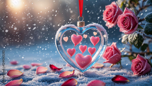 Embracing love in a winter wonderland with roses and a heart-shaped ornament for a perfect Valentine's Day celebration