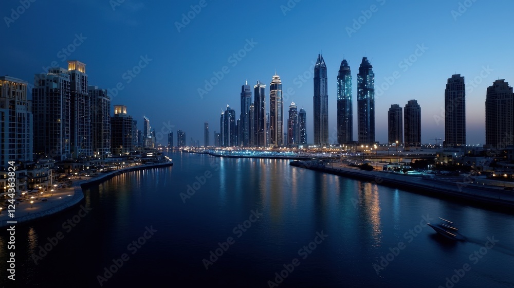 Obraz premium The skyline of Dubai showcases towering skyscrapers illuminated at night, reflecting off the tranquil waters. A boat can be seen gliding through the calm landscape