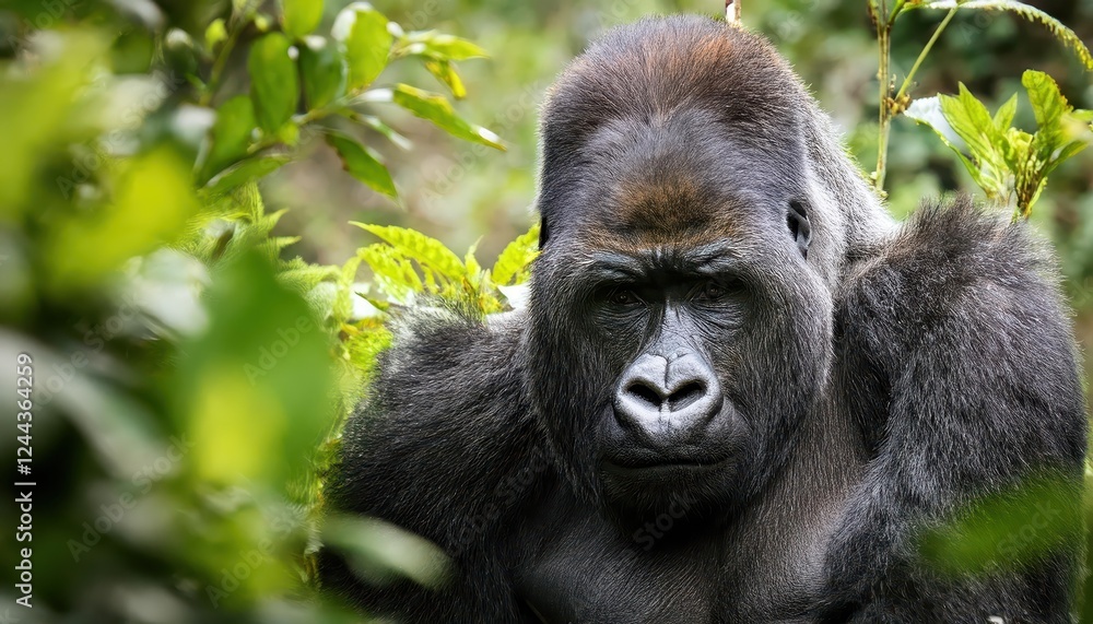 Majestic Adult Gorilla Roaming Through Lush Tropical Jungle at Dawn, Showcasing Power and Grace in the Heart of the African Wilderness Majestic Adult Gorilla Roaming Through Lush Tropical Jungle at Dawn, Showcasing Power and Grace in the Heart of the African Wilderness