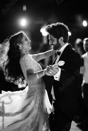 Black and White candid Photo of Indian Bride and Groom Dancing at Their Wedding After-Party