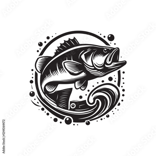 Black Color Bass silhouette design Vector Illustration, Solid White Background (3).eps