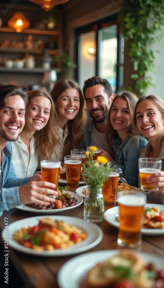 Obraz premium A group of six friends, smiling and raising their glasses, share a delightful meal in a cozy restaurant. The warm atmosphere is enhanced by delicious dishes and vibrant drinks, capturing the essence