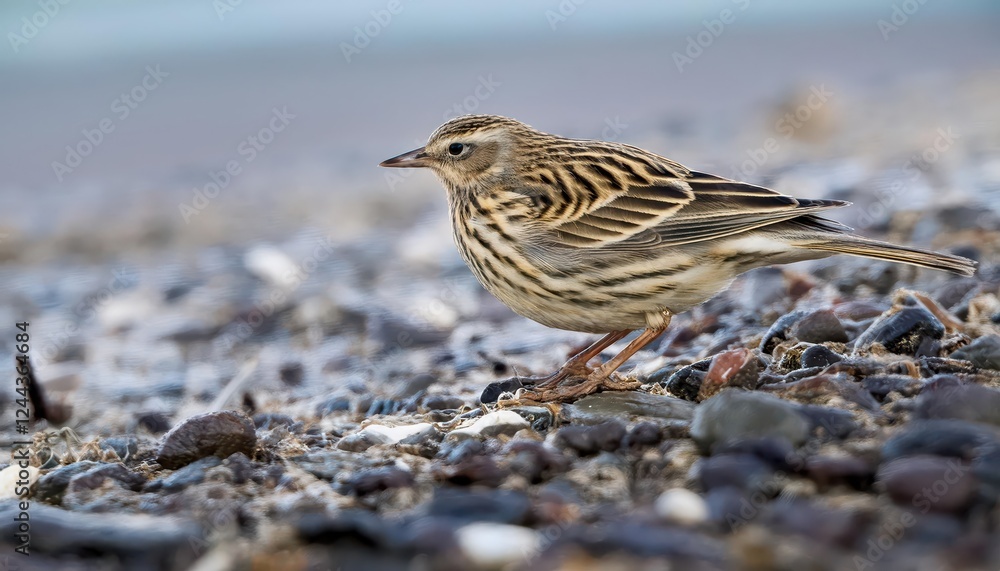 Vibrant Adult South Georgia Pipit Anthus antarcticus in Scenic Low Tide at Prion Island, So at Bay of Isles, Antarctica Wildlife Adventure Vibrant Adult South Georgia Pipit Anthus antarcticus in Scenic Low Tide at Prion Island, So at Bay of Isles, Antarctica Wildlife Adventure