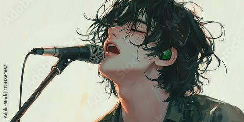 An anime-style male idol singing with his eyes closed.