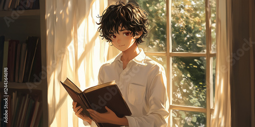 An anime-style teenage boy is reading a book by the window.