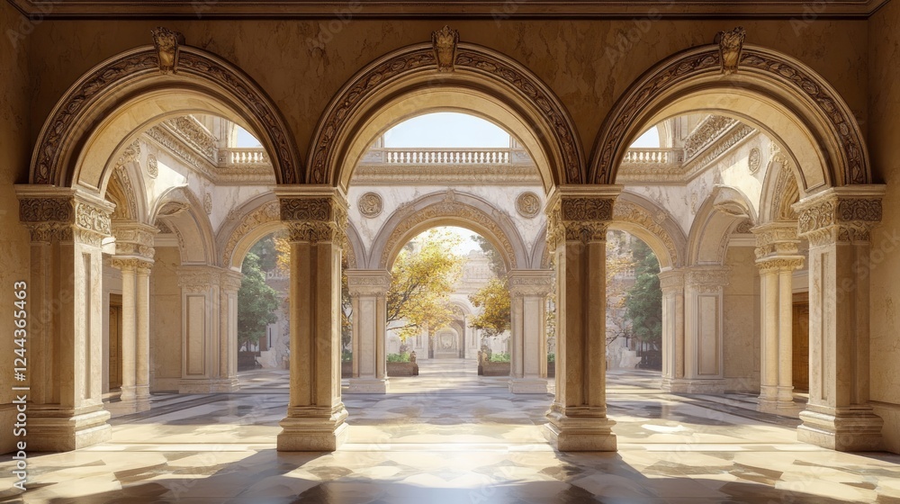 Elegant Grand Hall with Arches and Natural Light in Architectural Interior Elegant Grand Hall with Arches and Natural Light in Architectural Interior